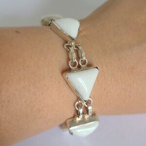 Vintage Boho Chunky Sterling Silver White Coral Triangle Chain Bracelet